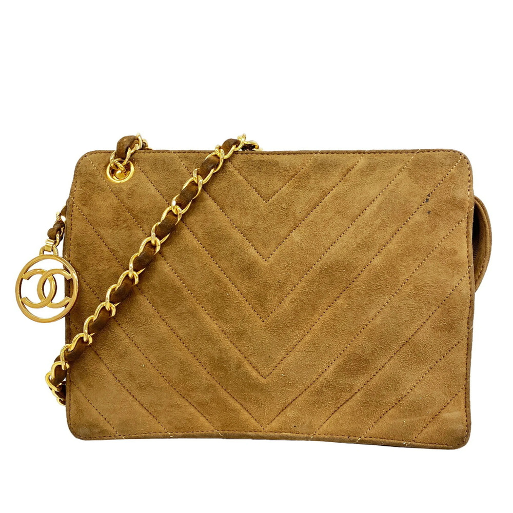 Chanel Shoulder Bag, V-Stitch Chain Shoulder, Suede, Brown, Women's